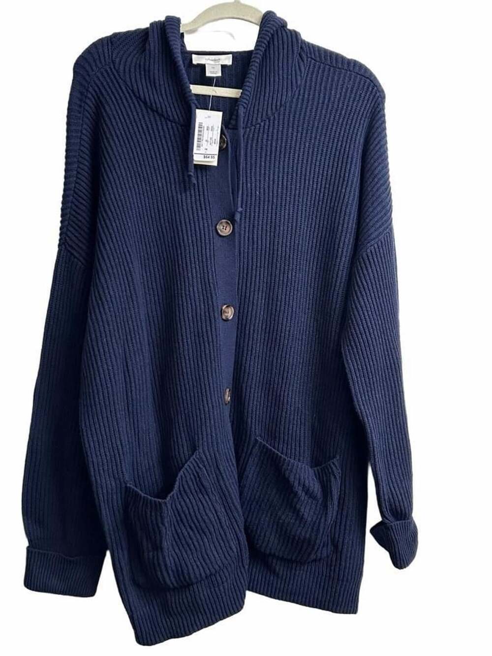 CJ Banks Cardigan Sweater Size 1X Blue Ribbed Knit Hooded Button Pockets